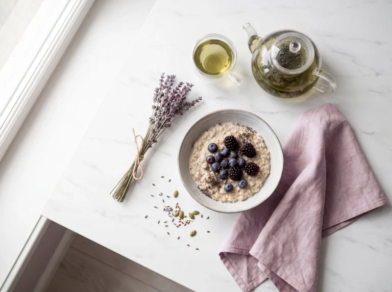 Porridge with blueberries, herbal tea and lavender on a white table