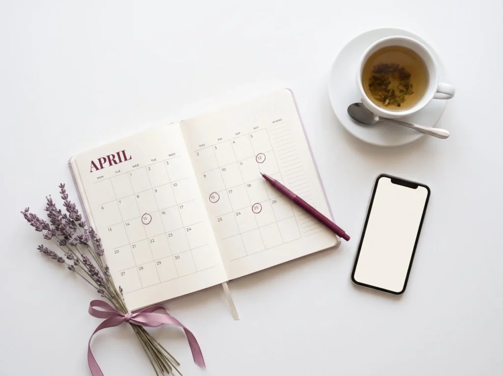 Diary open at April with a phone and a sprig of lavender
