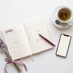 Diary open at April with a phone and a sprig of lavender