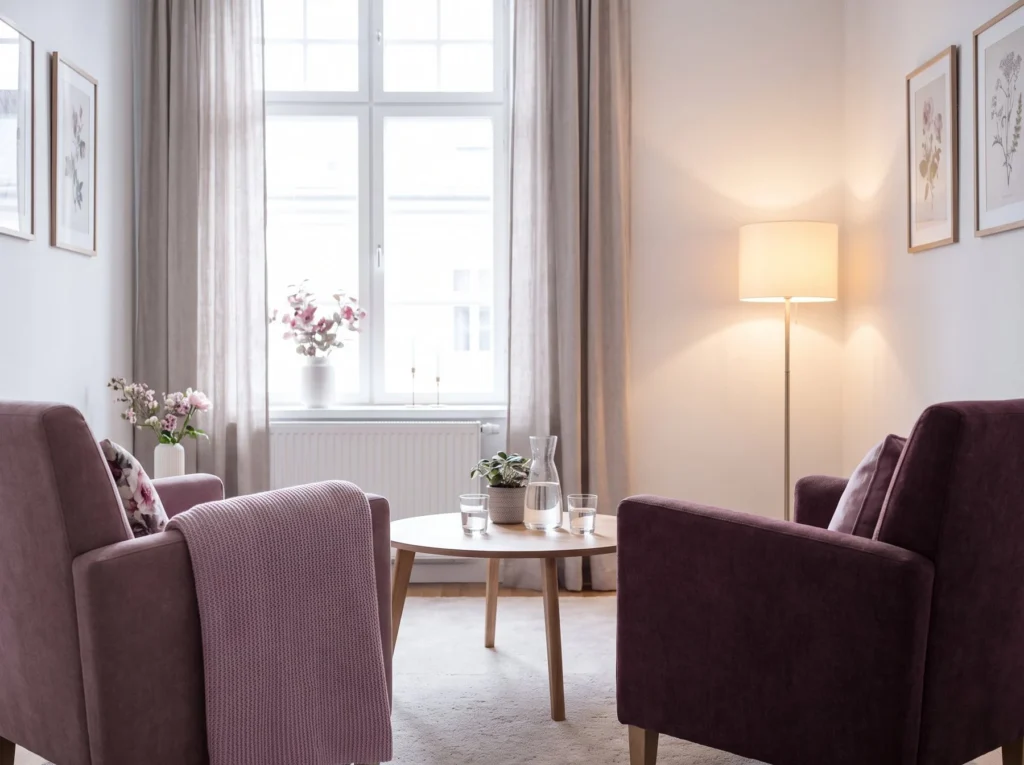 Bright consulting room with armchairs by tall windows