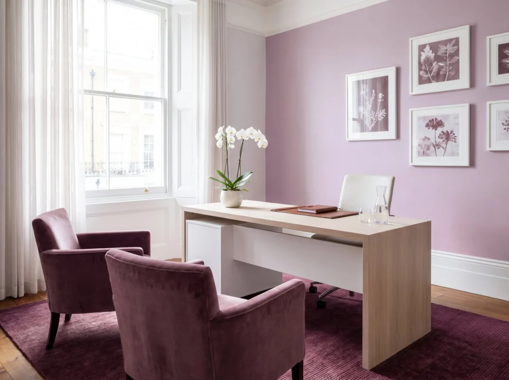 Consulting room with a desk, two armchairs and framed prints
