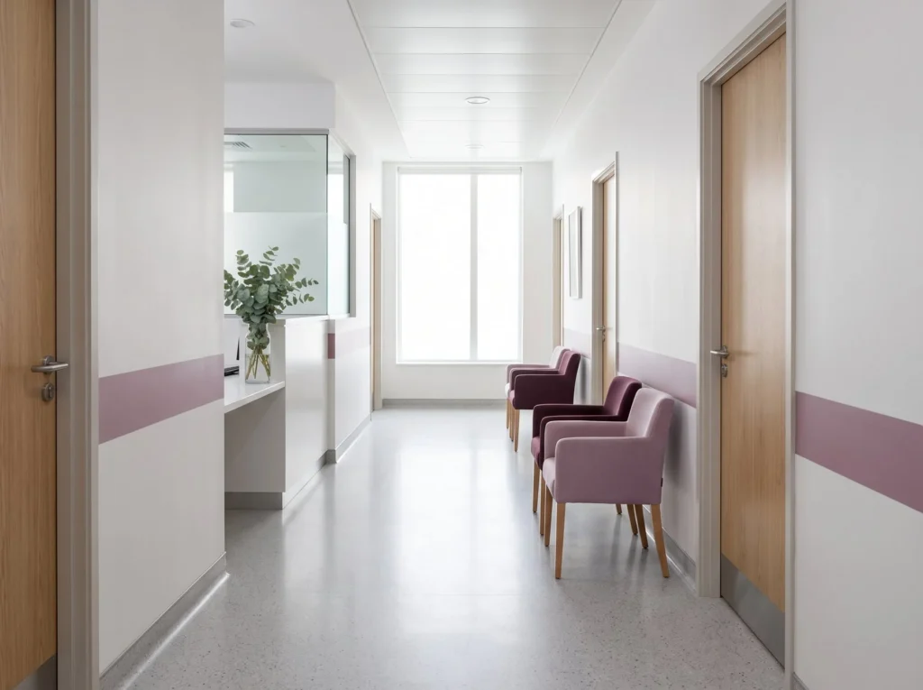 Clinic corridor with chairs and natural light