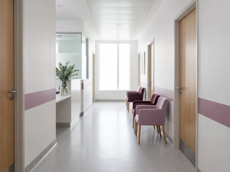 Clinic corridor with chairs and natural light