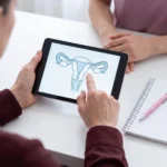 Patient looking at a diagram of the womb on a tablet during an appointment