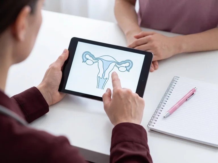 Patient looking at a diagram of the womb on a tablet during an appointment