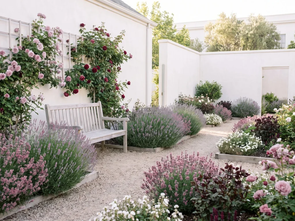 Walled garden with roses, lavender and a bench
