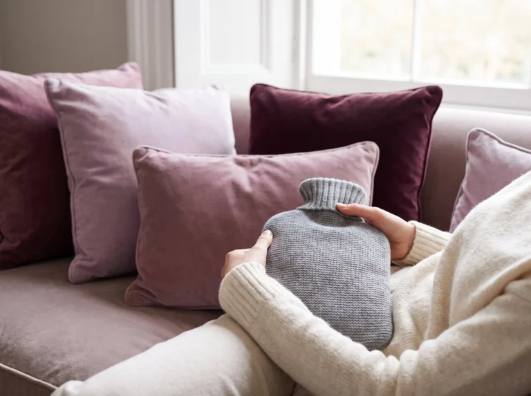 Woman resting on a sofa with a hot-water bottle