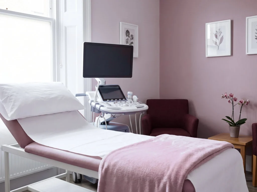 Examination room with a couch and an ultrasound scanner
