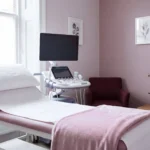 Examination room with a couch and an ultrasound scanner