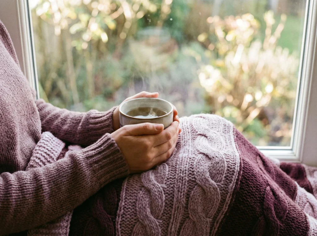 Woman in a knitted jumper holding a cup of tea by a window