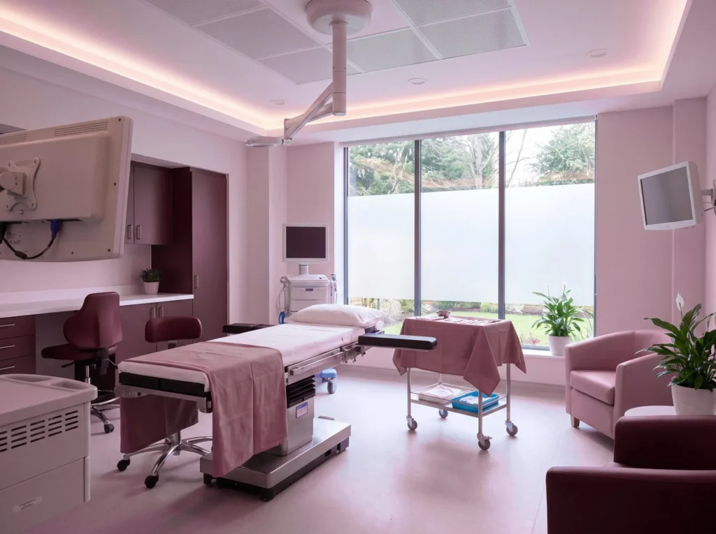 Day-surgery theatre with an operating table and soft lighting