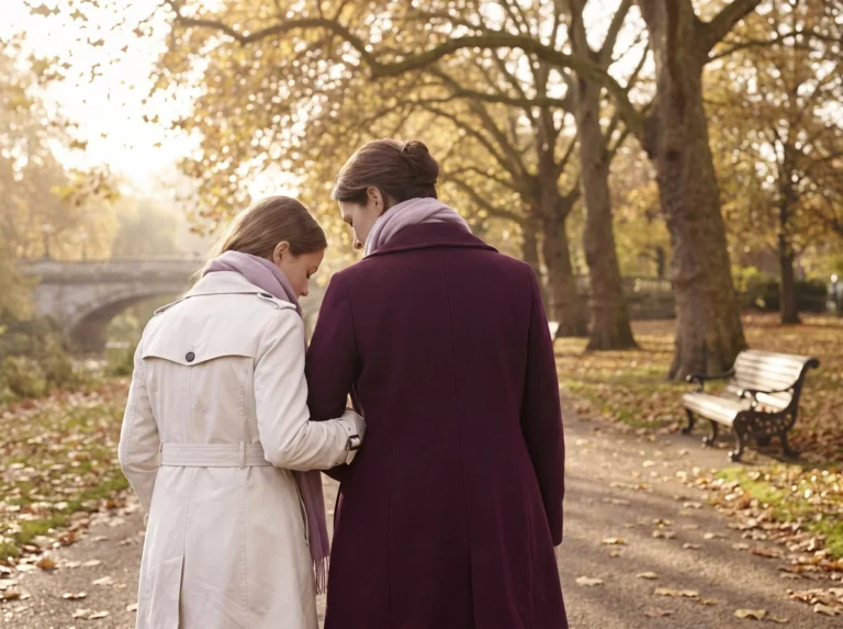 Two women walking arm in arm through an autumn park