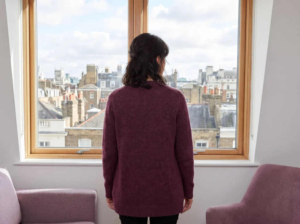 Woman in a plum coat looking out over London rooftops
